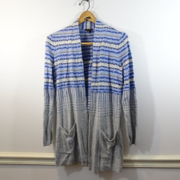 TALBOTS Gray Blue Fair Isle Open Cardigan Sweater Size MP Petite Lambswool Blend - Picture 1 of 6